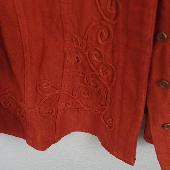 Parsley & Sage Rust Orange Embroidered Button Down Blouse Boho Western Long Slee - Picture 5 of 12